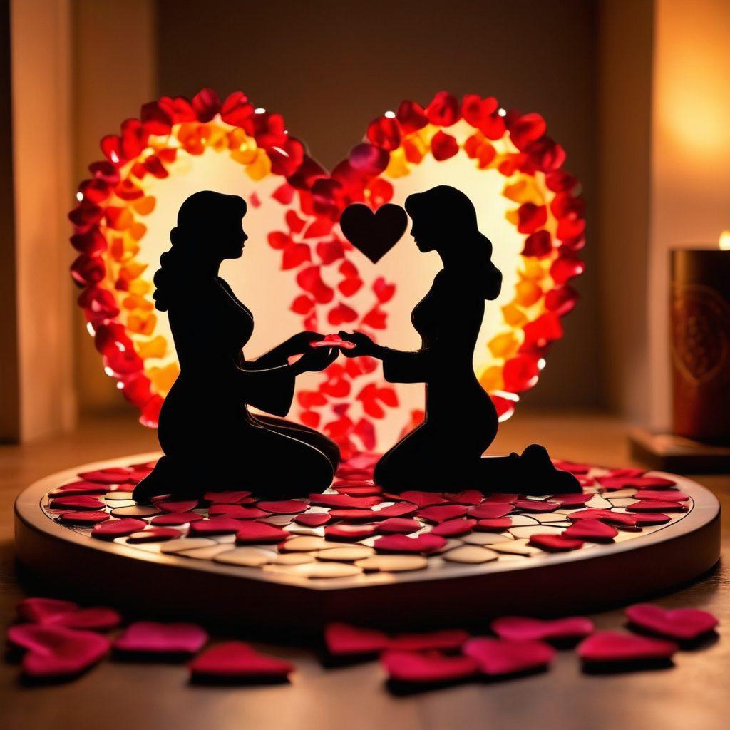 A cozy, dimly lit room adorned with romantic decorations like rose petals and candles. Two silhouetted figures playfully engaging in a board game designed for couples, exuding passion and connection. Soft, warm lighting casts a glow, creating an intimate atmosphere filled with laughter and playful gestures. Heart-shaped icons and game pieces are scattered around, symbolizing love and excitement. vibrant colors. soft focus.